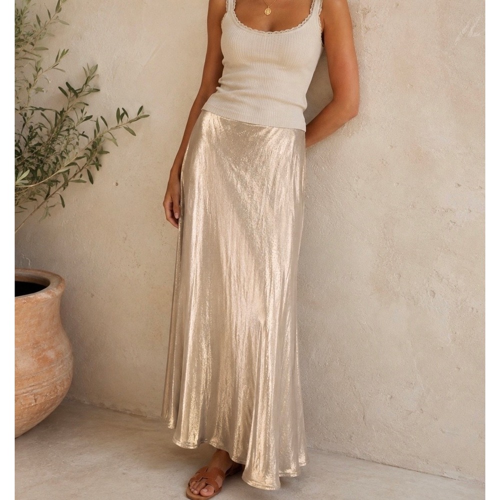SUNDAY IN BROOKLYN x ANTHROPOLOGIE Champagne Gold Metallic Maxi Skirt
